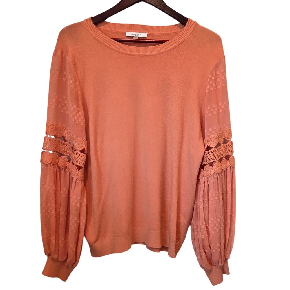 Siani Milano XL Peach Orange Knit Sweater Lace Balloon Sleeve Boho Top Crochet